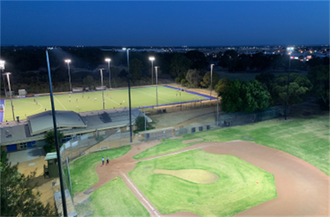 An aerial shot of the sporting complex at Kingston Heath lit up at night