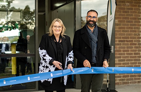 Mayor Steve Staikos and Ros Spence MP cutting a blue ribbon together at the official opening of the revamped amenities at Le Page Park.