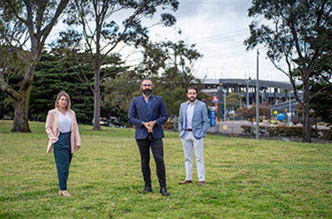 Mayor Cr Steve Staikos, and Councillors Jenna Davey-Burns and Hadi Saab standing on site at Sir William Fry Reserve in Highett