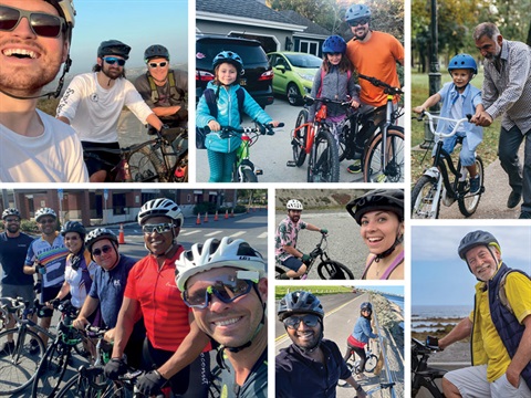 Collage of people all ages riding bikes.