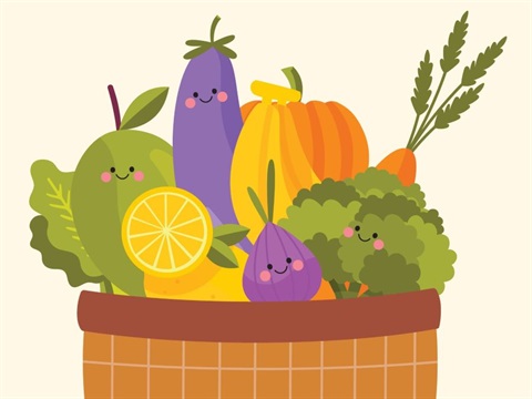 Illustration of cute fruits and veggies with smiley faces in a basket