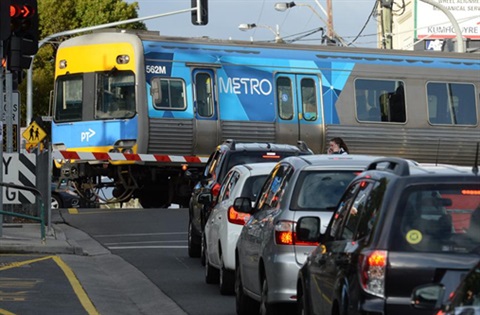 Traffic waiting for the level crossing to clear in Highett