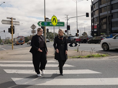 Kingston Mayor Georfina Oxley and Bayside Mayor Debbie Taylor-Haynes inspect damage to State managed roads.