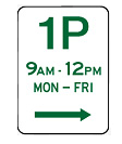 Image of a parking sign that restricts parking to 1 hour from 9am to 12pm Monday through Friday