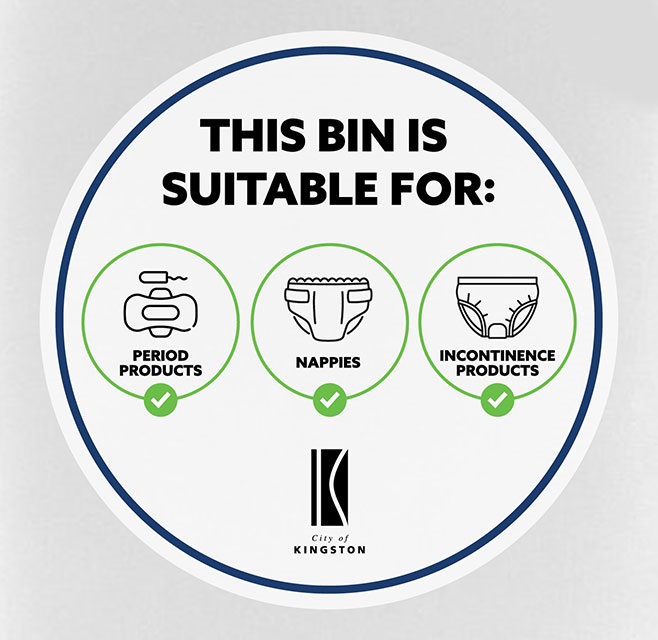 Sticker placed on co-disposal bins to show they are suitable for period products, nappies and incontinence products