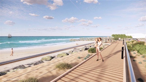 Rendered image of a parent holding a child while standing on the new Carrum boardwalk