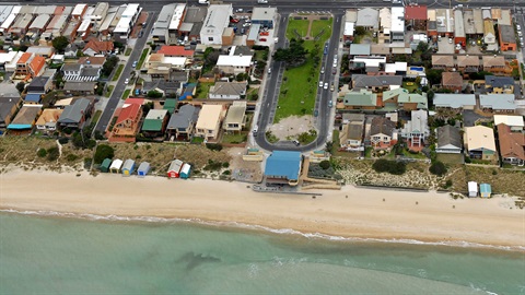 Aerial view of Edithvale's beach and shopping strip