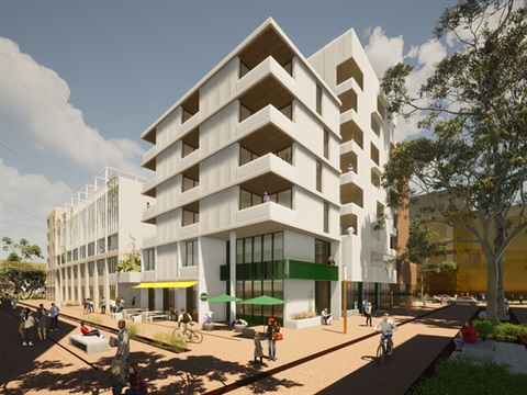 An aritsts impression of a new housing development. There are 5 levels, with shops on the ground floor looking out onto paved areas and gardens. People are enjoying the outdoor space - reading, riding their bikes and socialising