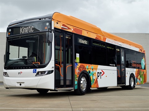 A public transport victoria bus. The signage indicates it is a 100% electric bus, powered by clean energy