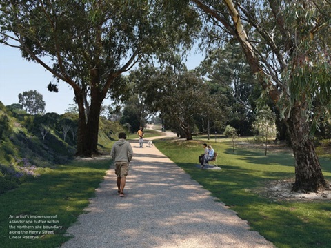 An artists impression of a landscape buffer within the northern site boundary along the henry street Linear Reserve at Suburban Rail Loop Stabling Yards Heatherton